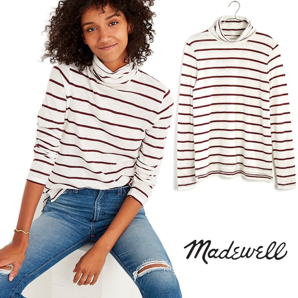 NWT Madewell Whisper Cotton Turtleneck in Wellton Stripe Maroon Burgundy Size S